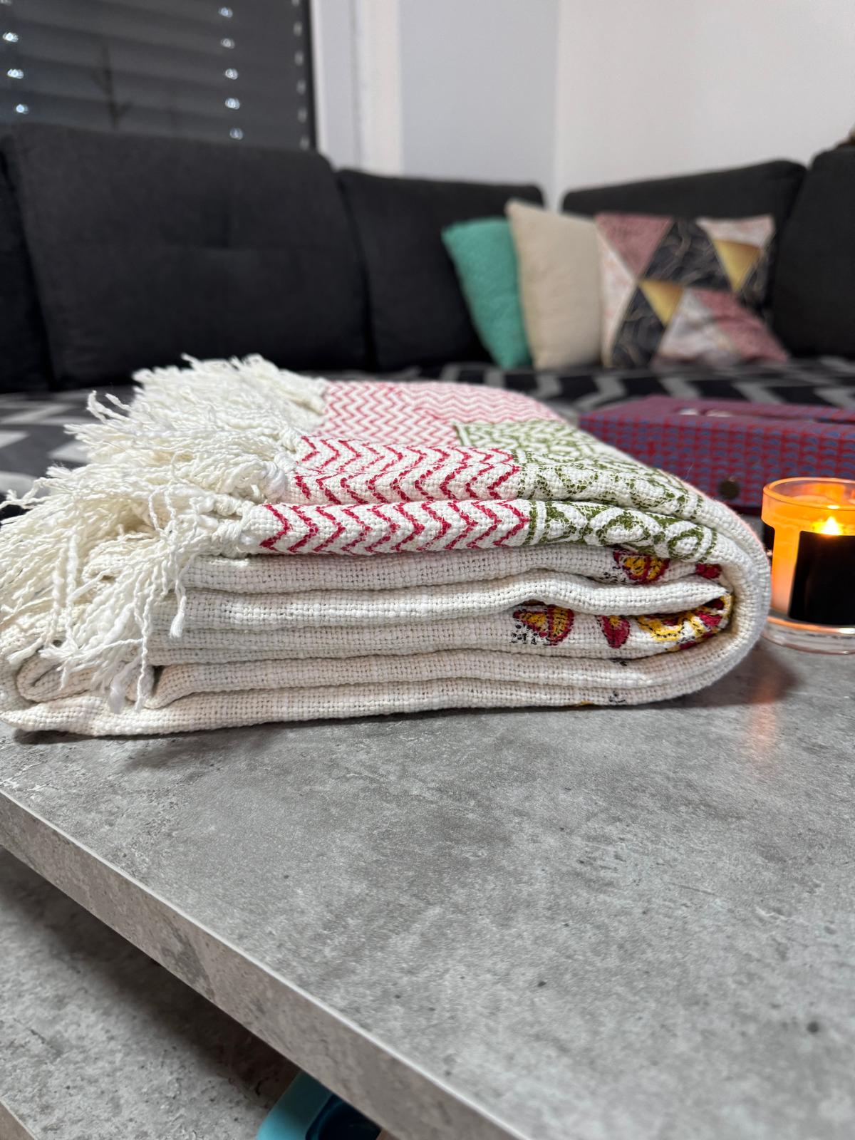 Boho Sofadecke 230×135 cm, Handbedruckte Blockprint Baumwolle aus Indien